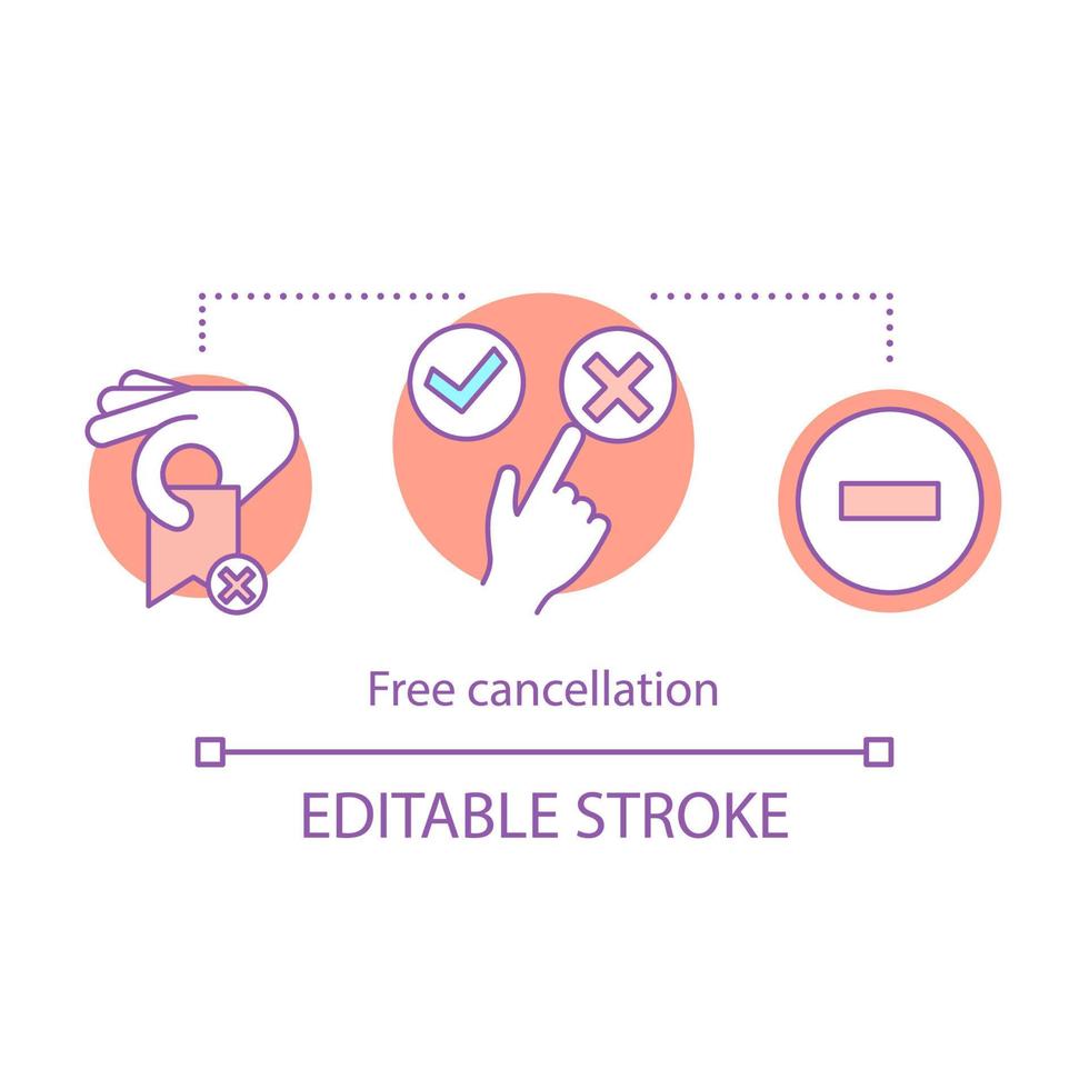 icono de concepto de cancelación gratuita. reserva de hoteles en línea. reembolso del depósito. rechazo, botón eliminar. sí y no clic. cancelar idea de reserva ilustración de línea delgada. dibujo de contorno aislado vectorial vector