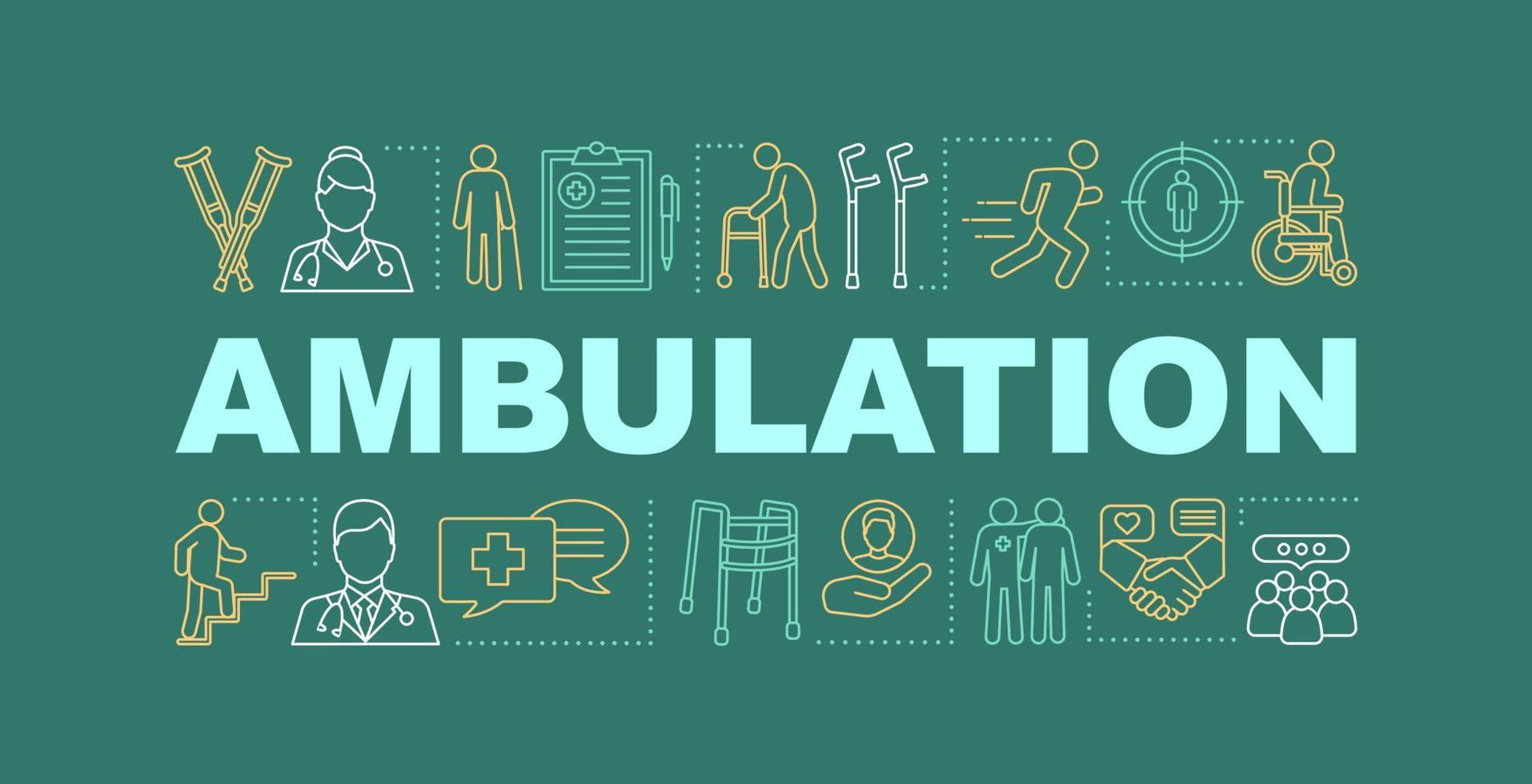 Ambulation word concepts banner. Rehabilitation. Orthopedic treatment. Healthcare. Walkers, canes. Presentation, website. Isolated lettering typography idea, icons. Vector outline illustration