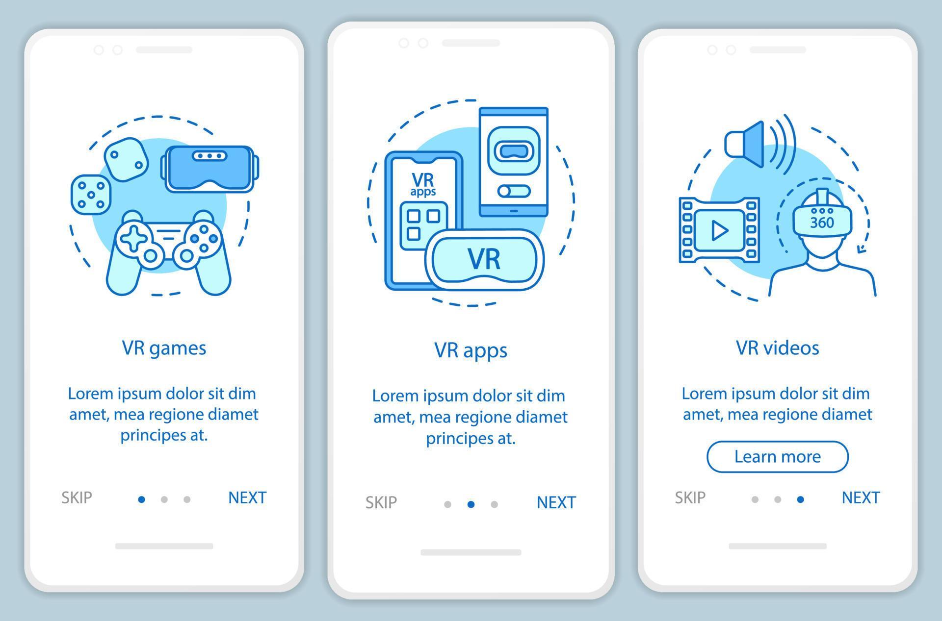 Virtual reality programs onboarding mobile app page screen with linear concepts. VR