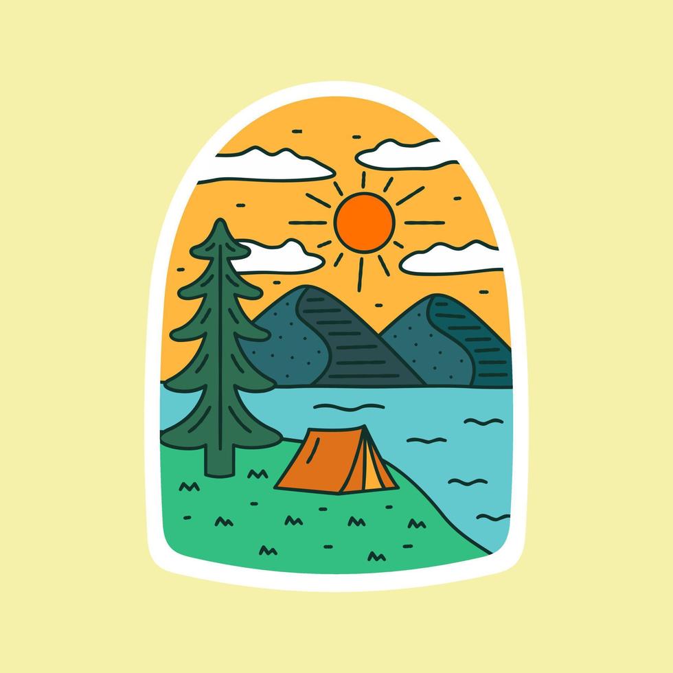 mountain and river camping nature adventure in the day wild line badge patch pin graphic illustration vector art t-shirt design