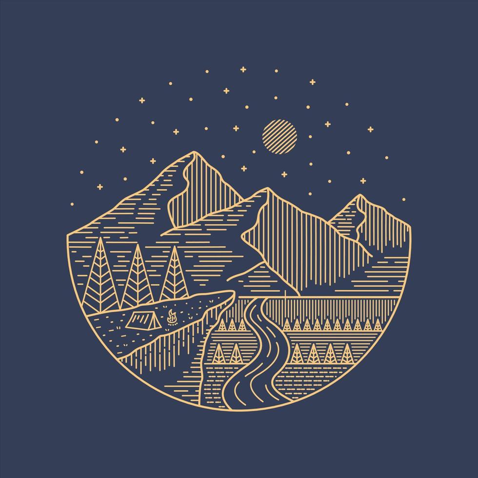 diseño de acampar en el acantilado y la montaña, vida silvestre natural en arte de línea mono, diseño para insignia parche pin ilustración gráfica vector arte diseño de camiseta