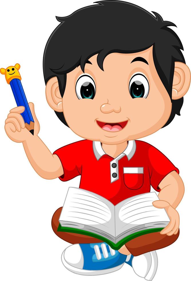 Boy writing and drawing. Funny cartoon vector