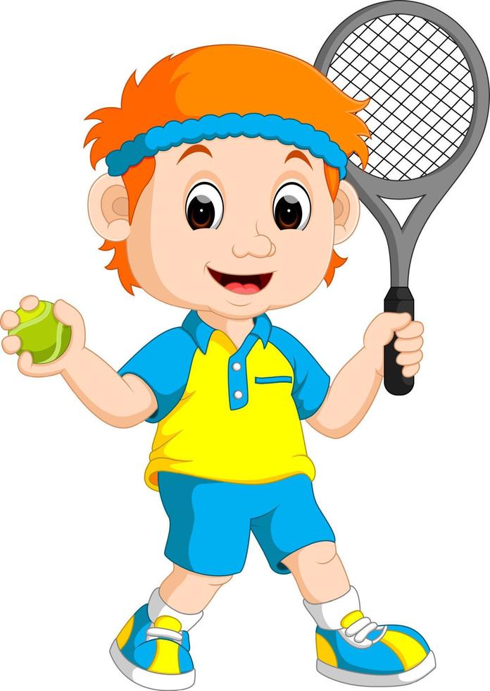 ilustración de un niño jugando al tenis sobre hierba vector