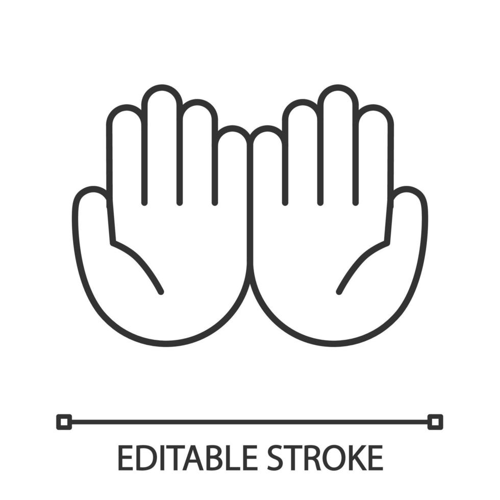Cupped hands linear icon. Thin line illustration. Palms up together emoji. Begging gesturing. Islam praying hands. Contour symbol. Vector isolated outline drawing. Editable stroke