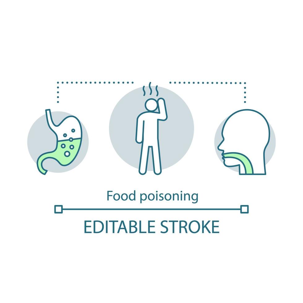 Food poisoning concept icon. Indigestion symptom idea thin line illustration. Foodborne illness. Sickness. Acid reflux. Vector isolated outline drawing. Edtable stroke