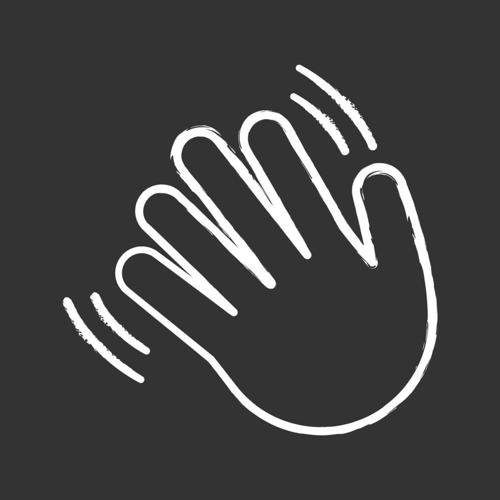 Waving hand gesture emoji chalk icon. Hello, hi, bye, goodbye hand gesturing. Greeting palm. Isolated vector chalkboard illustration