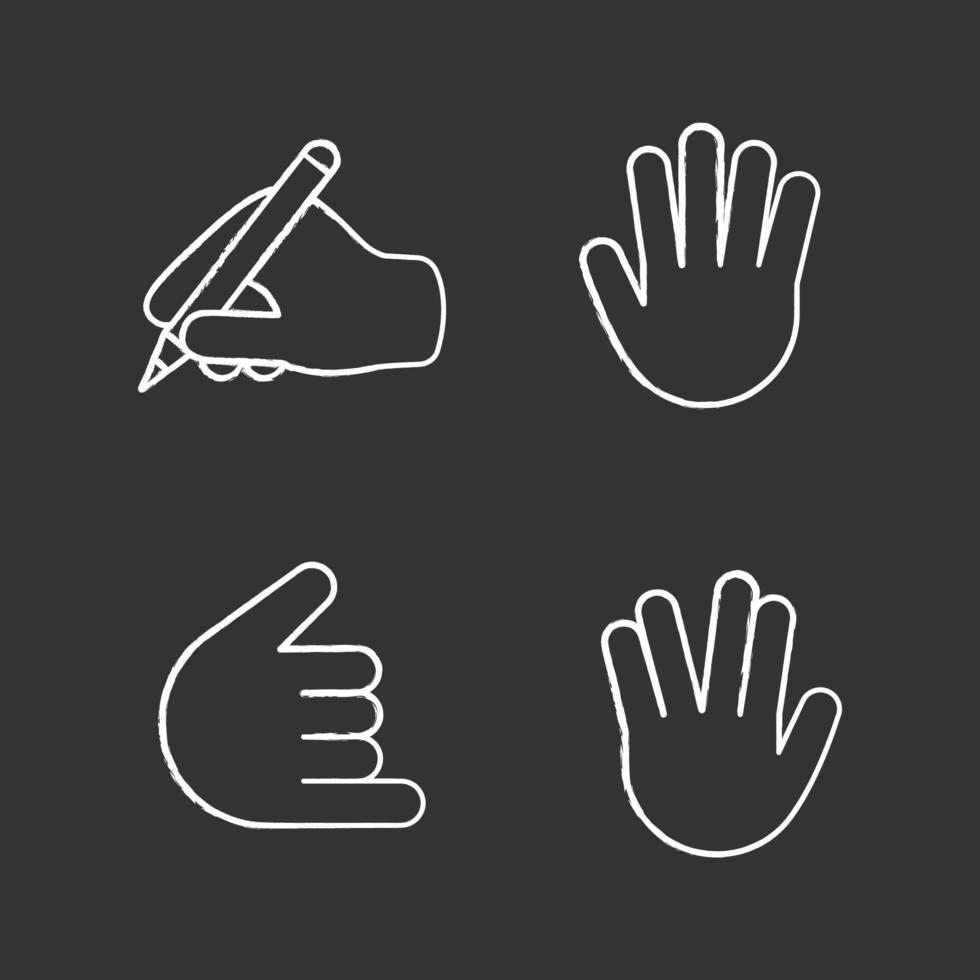 Hand gesture emojis chalk icons set. Writing hand, vulcan salute, high five, shaka, call me gesturing. Isolated vector chalkboard illustrations