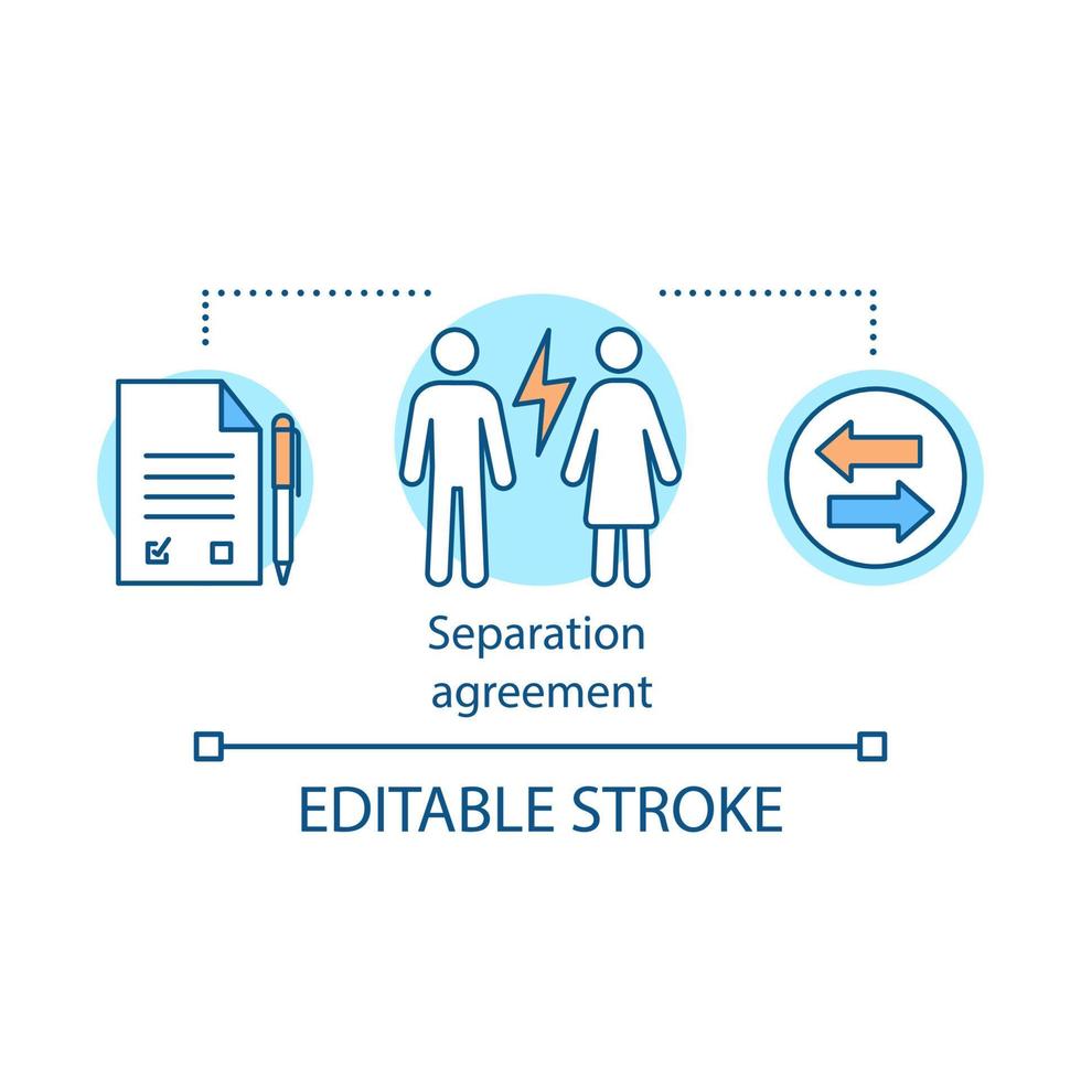 Separation agreement concept icon. Divorce idea thin line illustration. Marriage separating. Family, couple break up. Sign contract. Get divorced. Vector isolated outline drawing. Editable stroke