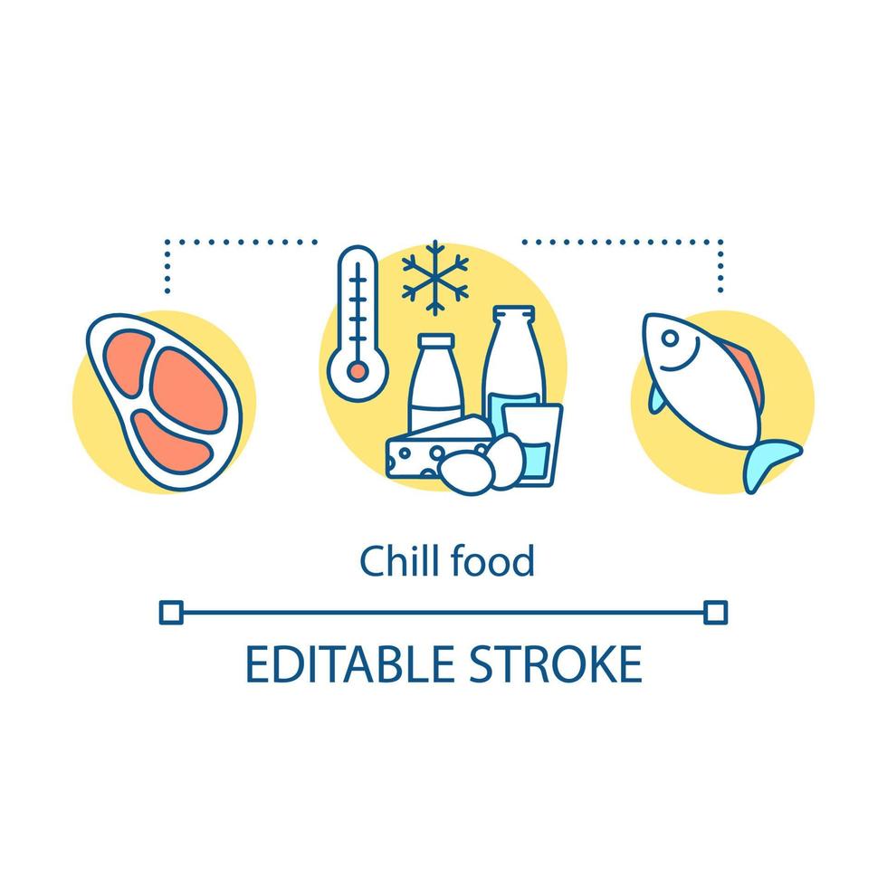 Chill food concept icon. Food storage idea thin line illustration. Ingredients. Meat, fish, dairy products. Vector isolated outline drawing. Edtable stroke