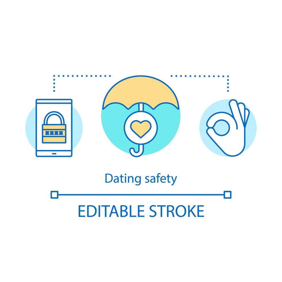 Dating safety concept icon. Privacy protection idea thin line illustration. Smartphone with padlock, password. Heart under umbrella. Ok gesture. Vector isolated outline drawing. Editable stroke