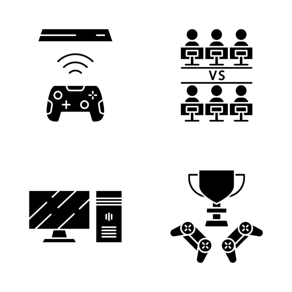 Esports glyph icons set. Gaming equipment and hardware. Winner cup. Round-robin tournament. Teamwork. Silhouette symbols. Vector isolated illustration