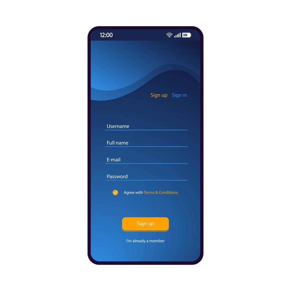 regístrese en la plantilla de vector de interfaz de teléfono inteligente. diseño de diseño azul de la aplicación móvil. pantalla de la página de campos de registro. interfaz de usuario plana para la aplicación. Registro de nuevo usuario. crear una cuenta. iniciar sesión. pantalla del teléfono