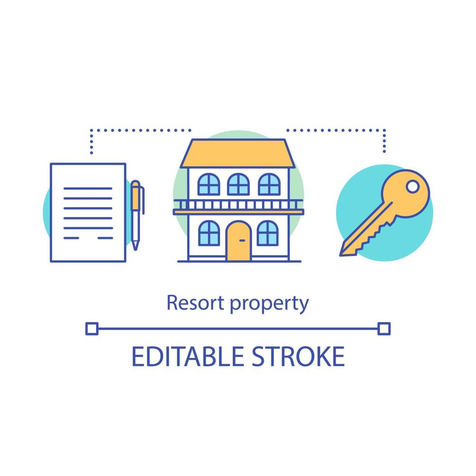 Resort property concept icon. Cottage, apartment booking. Building exterior, key, contract. Family house rental. Real estate deal idea thin line illustration. Vector isolated drawing. Editable stroke