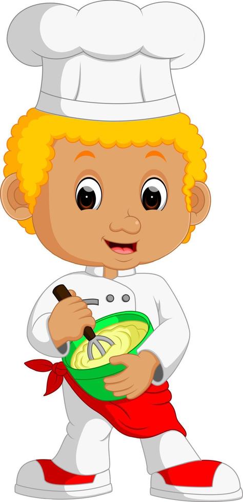 funny cartoon chef boy making cake vector