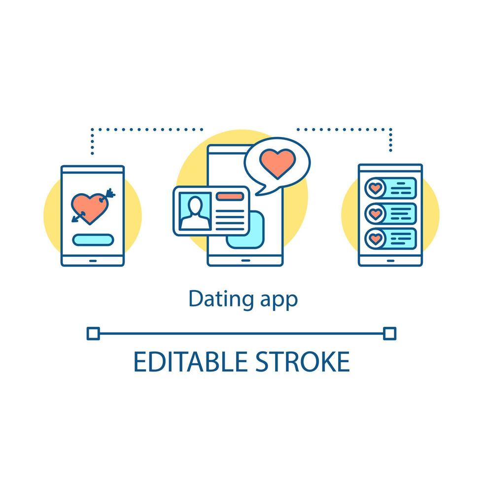 Online dating app concept icon. Love search mobile application idea thin line illustration. Smartphone with heart. Romantic chatting. Date service. Vector isolated outline drawing. Editable stroke