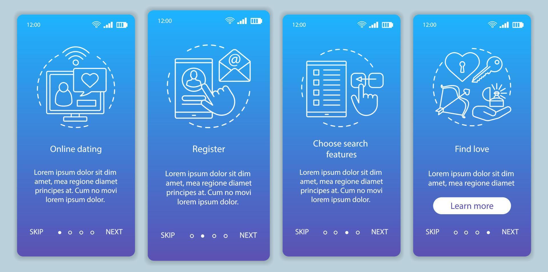 plantilla de vector de pantalla de página de aplicación móvil de incorporación de citas en línea. regístrese, elija funciones de búsqueda, encuentre instrucciones de sitios web de amor con ilustraciones lineales. ux, ui, concepto de interfaz de teléfono inteligente gui