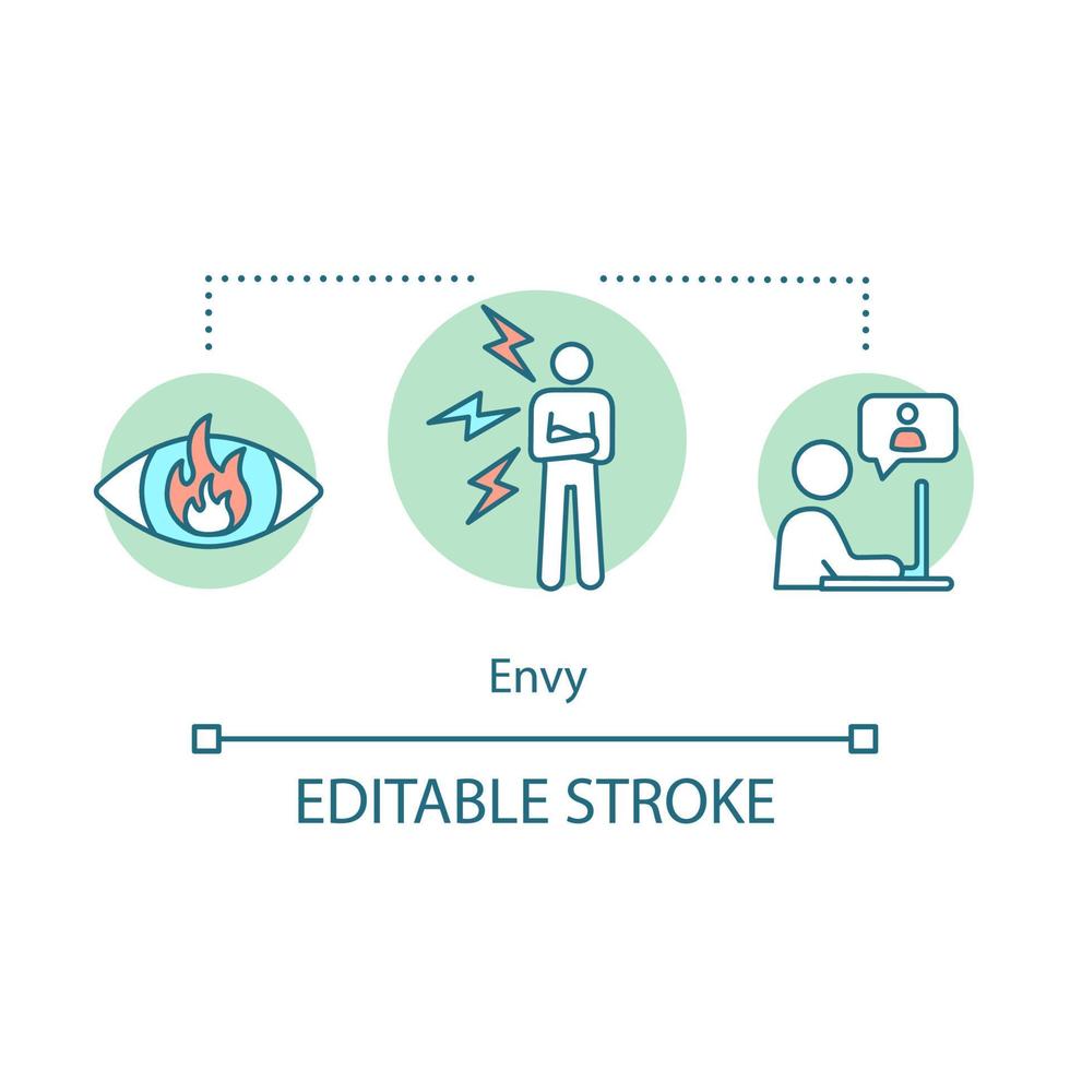 Envy feeling concept icon. Angry human idea thin line illustration. Jealousy, grudge. Emotion of grudge. Social inequality. Hatred person. Vector isolated outline drawing. Editable stroke
