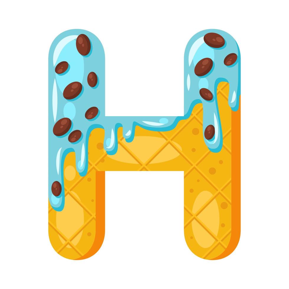 Donut cartoon H letter vector illustration. Biscuit bold font style. Glazed capital letter with icing. Tempting flat design typography. Waffle alphabet. Pastry, bakery isolated clipart