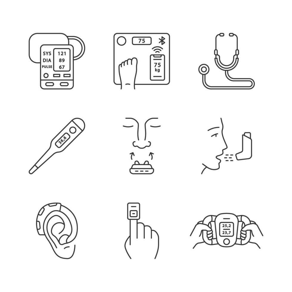 Medical devices linear icons set. Blood pressure monitor, body weight smart scales, inhaler, finger pulse oximeter. Thin line contour symbols. Isolated vector outline illustrations. Editable stroke