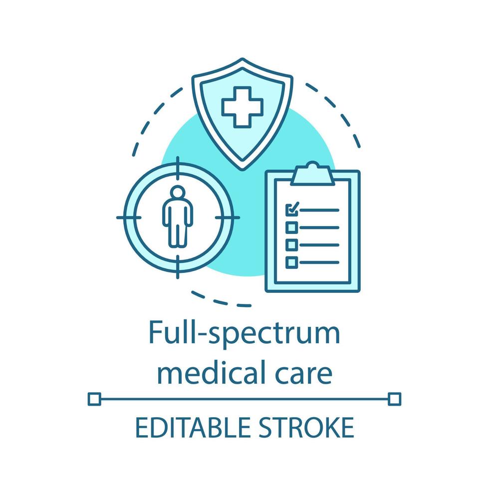 Full spectrum medical care concept icon. Healthcare services. Contract between doctor and patient. Health insurance idea thin line illustration. Vector isolated outline drawing. Editable stroke