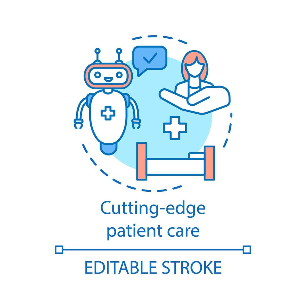 Cutting edge patient care concept icon. Progressive nursing technology. Using robots in medicine. Hospital treatment idea thin line illustration. Vector isolated outline drawing. Editable stroke