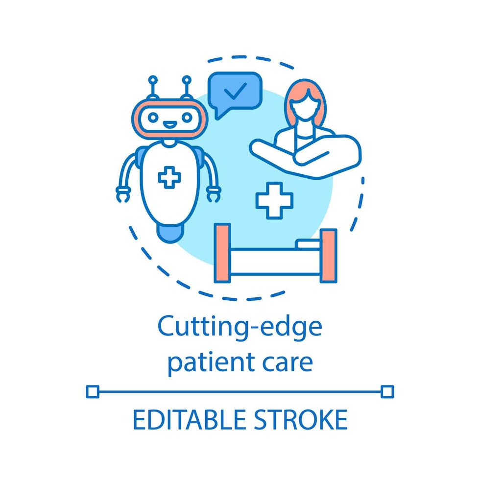 icono de concepto de atención al paciente de vanguardia. tecnología de enfermería progresiva. Uso de robots en medicina. ilustración de línea delgada de idea de tratamiento hospitalario. dibujo de contorno aislado vectorial. trazo editable vector