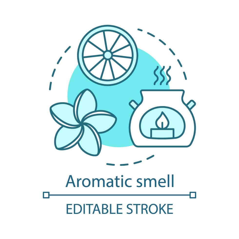 Aromatic smell concept icon. Natural plant extracts. Meditation atmosphere. Aromatherapy. Aroma oil. Rest, relax. Spa idea thin line illustration. Vector isolated outline drawing. Editable stroke