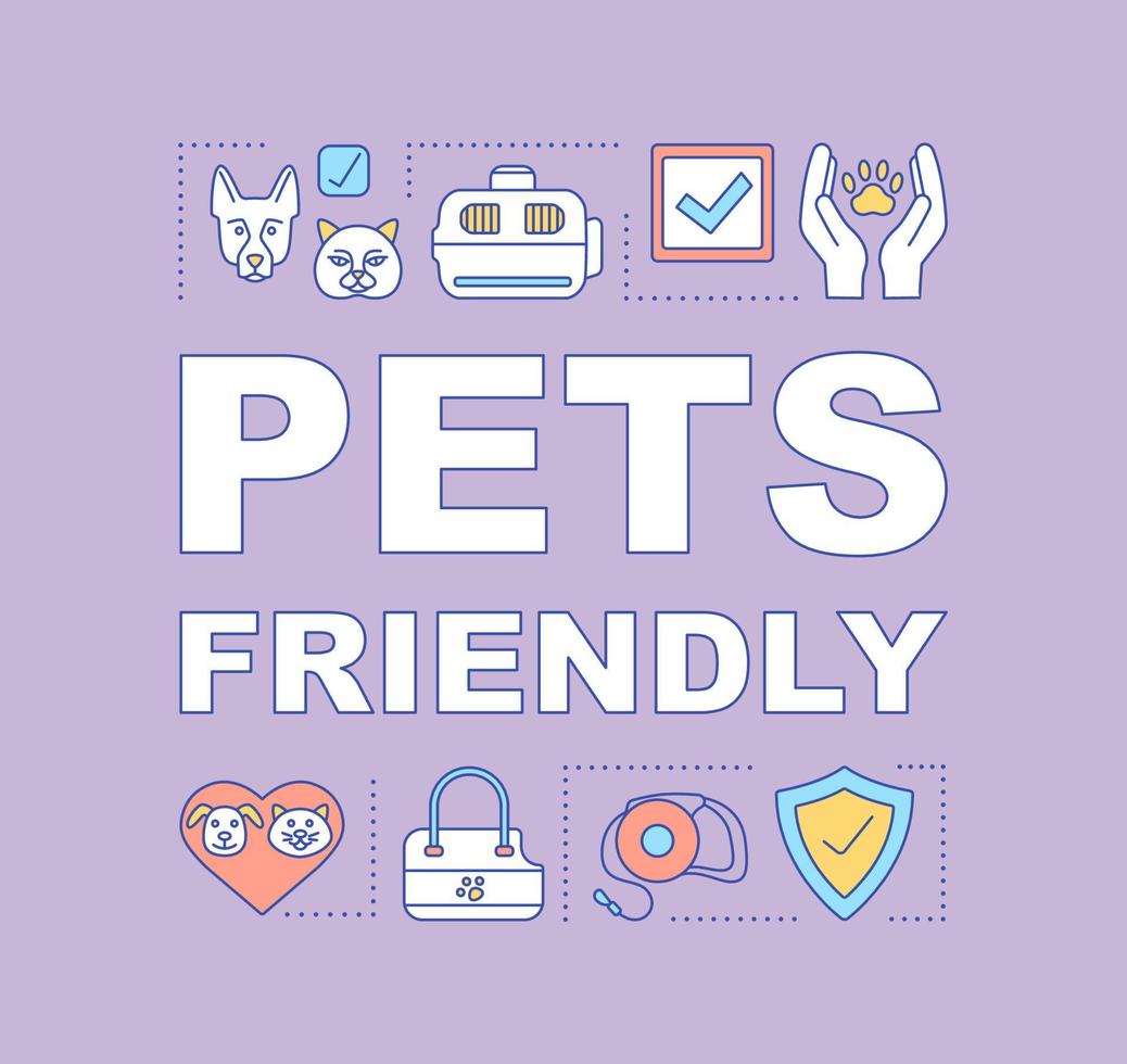 Pets friendly hotel word concept banner. Animals welfare. Pet care. Veterinary service, clinic. Presentation, website. Isolated lettering typography idea with linear icons. Vector outline illustration