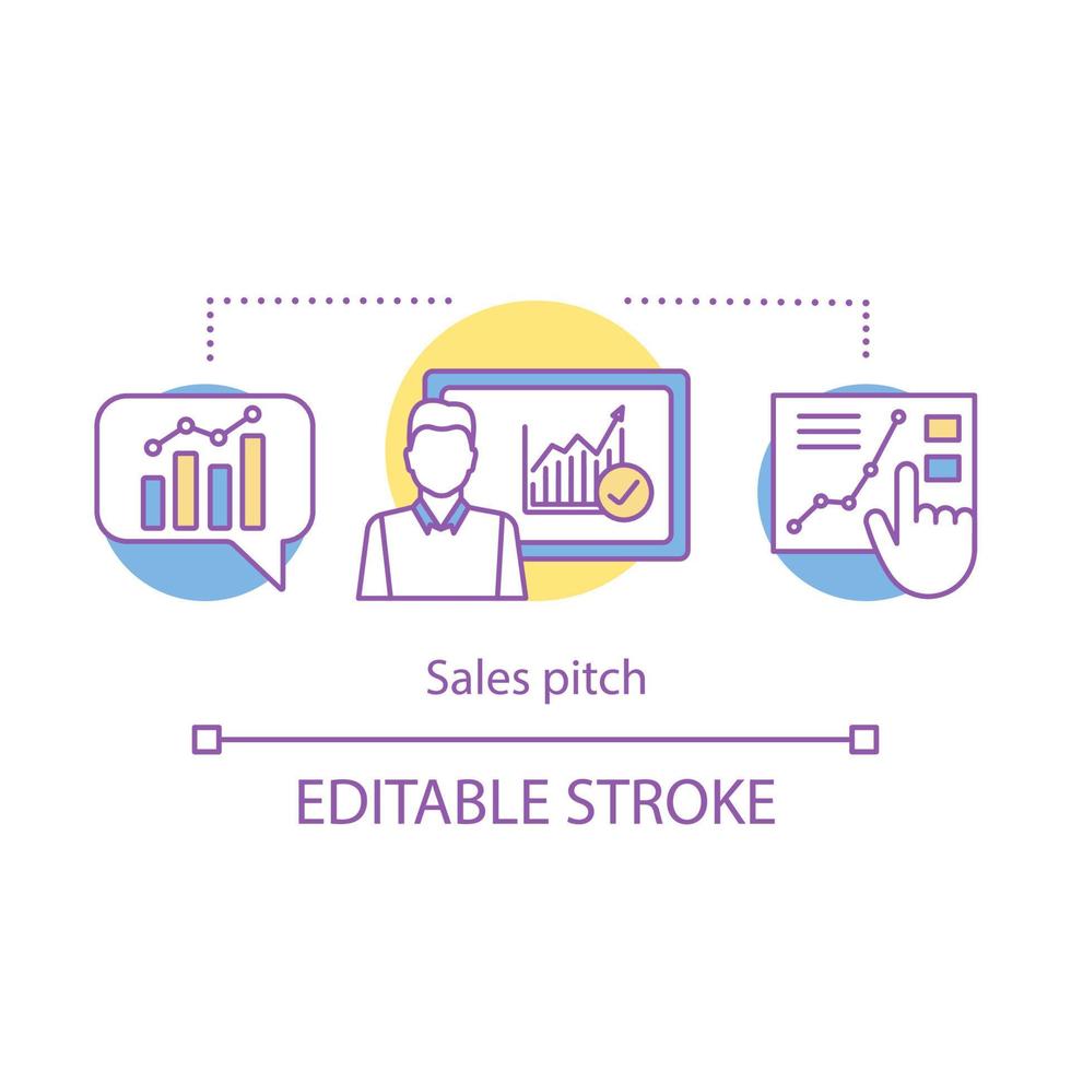 Sales pitch concept icon. Marketing. Sales presentation. Market analytics. Business seminar, coaching. Business metrics. Idea thin line illustration. Vector isolated drawing. Editable stroke