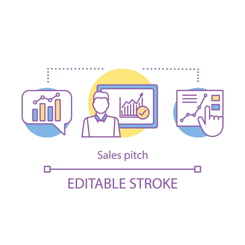 Sales pitch concept icon. Marketing. Sales presentation. Market analytics. Business seminar, coaching. Business metrics. Idea thin line illustration. Vector isolated drawing. Editable stroke