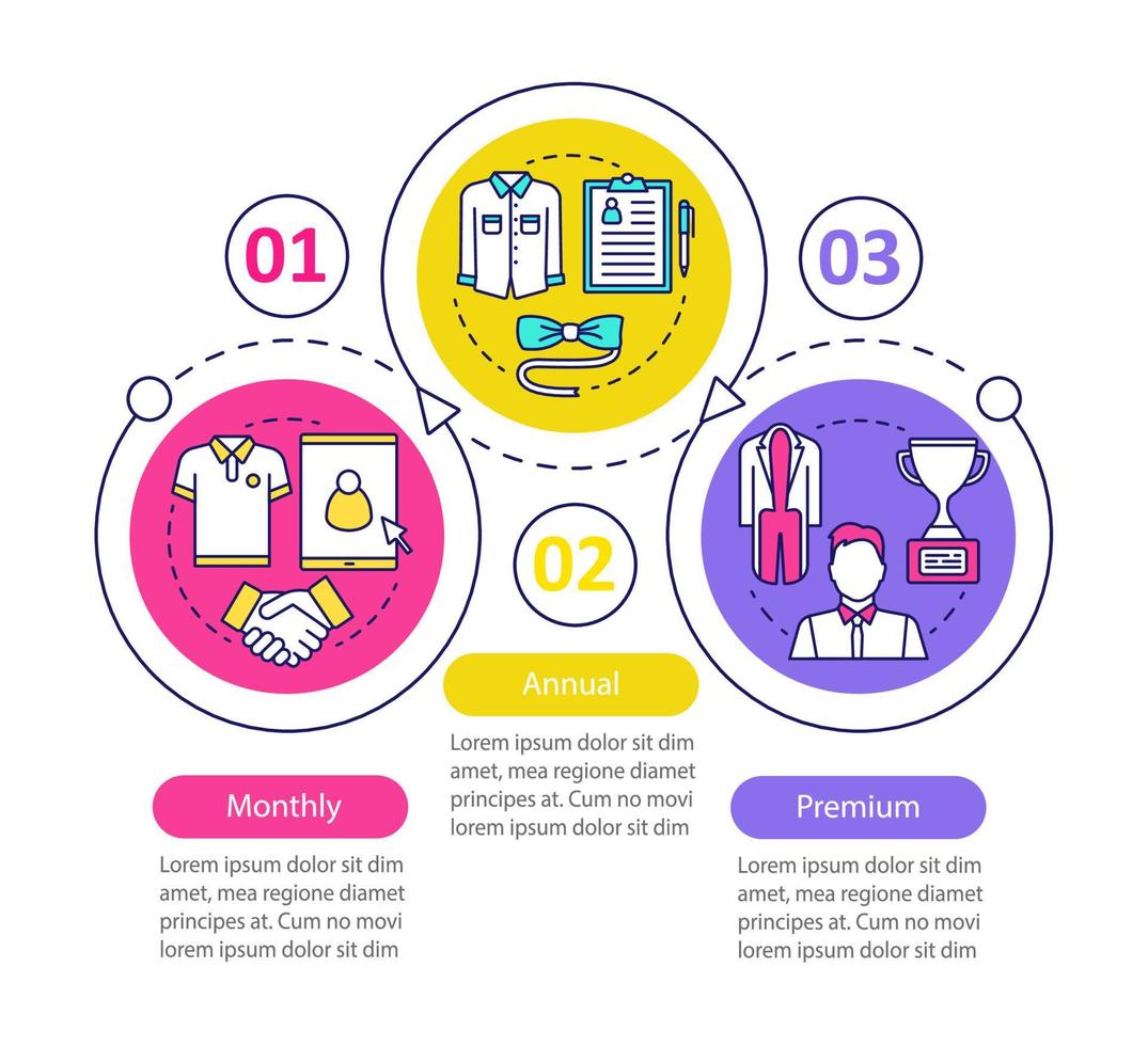 plantilla infográfica vectorial de servicios de consulta de estilo masculino. club de caballeros. descuentos en compras. planes tarifarios. visualización de datos con tres pasos y opciones. gráfico de línea de tiempo del proceso. diseño de flujo de trabajo vector