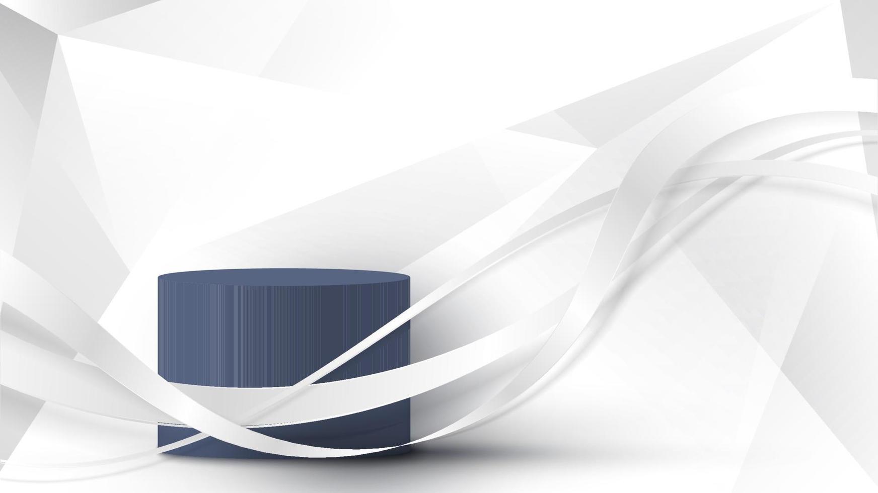 Abstract template 3D blue cylinder podium elegant white ribbon wave lines on low polygon background luxury style vector