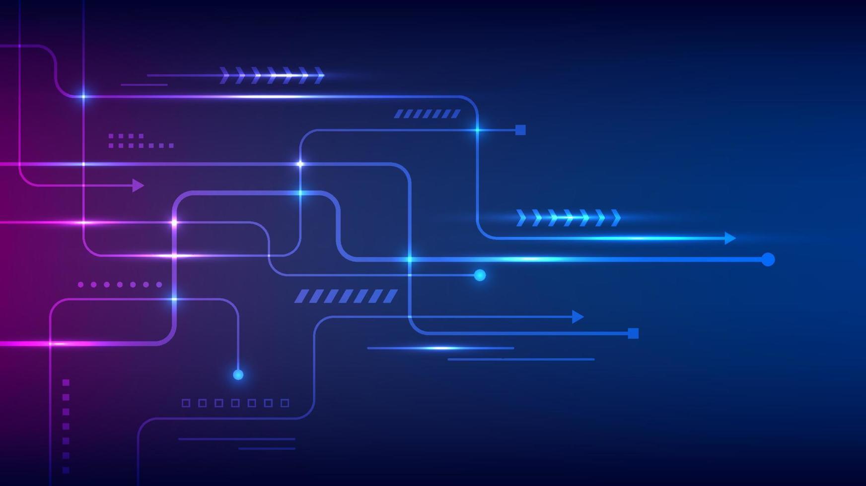 Abstract technology connection data concept circuit lines board with nodes and geometric elements lighting effect on blue background vector