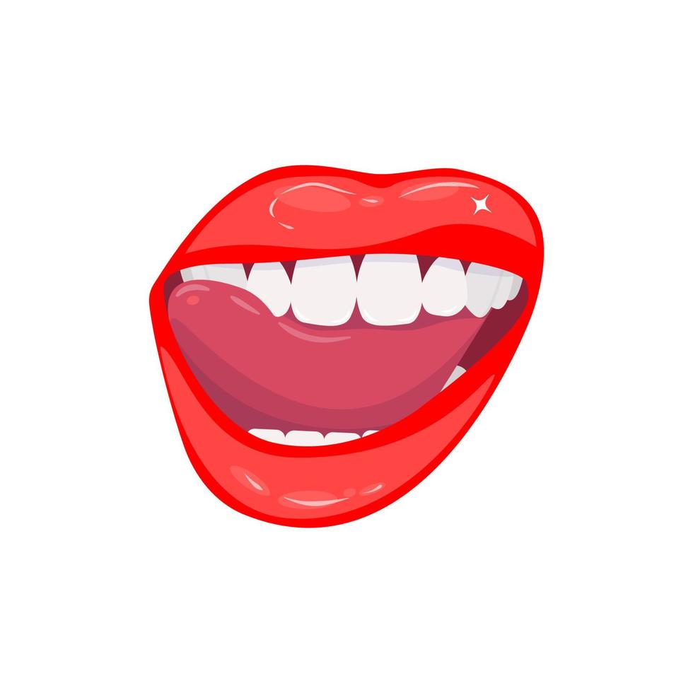 Open smiling female mouth with healthy white teeth. Close-up of red glowing sensual lips and tongue. Dental care. Lip makeup. Vector illustration isolated on white background.