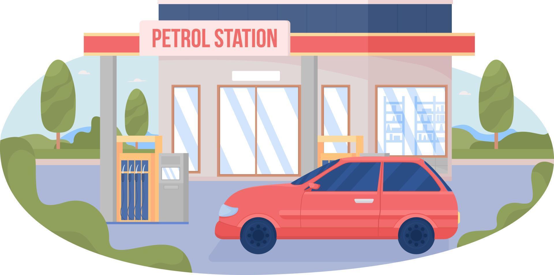 Car at city gas station 2D vector isolated illustration