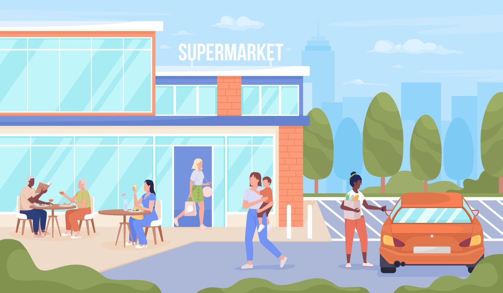 personas que visitan la ilustración de vector de color plano de supermercado urbano