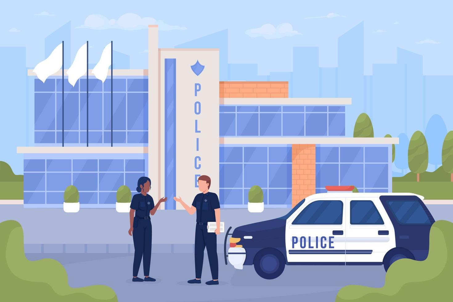 Policemen and car on city street flat color vector illustration