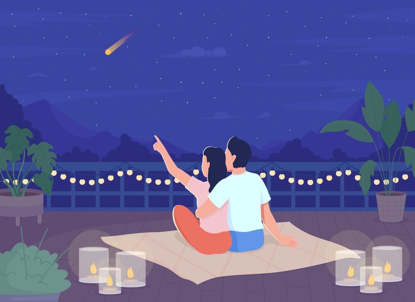 pareja mirando las estrellas en la azotea en la ilustración de vector de color plano de noche