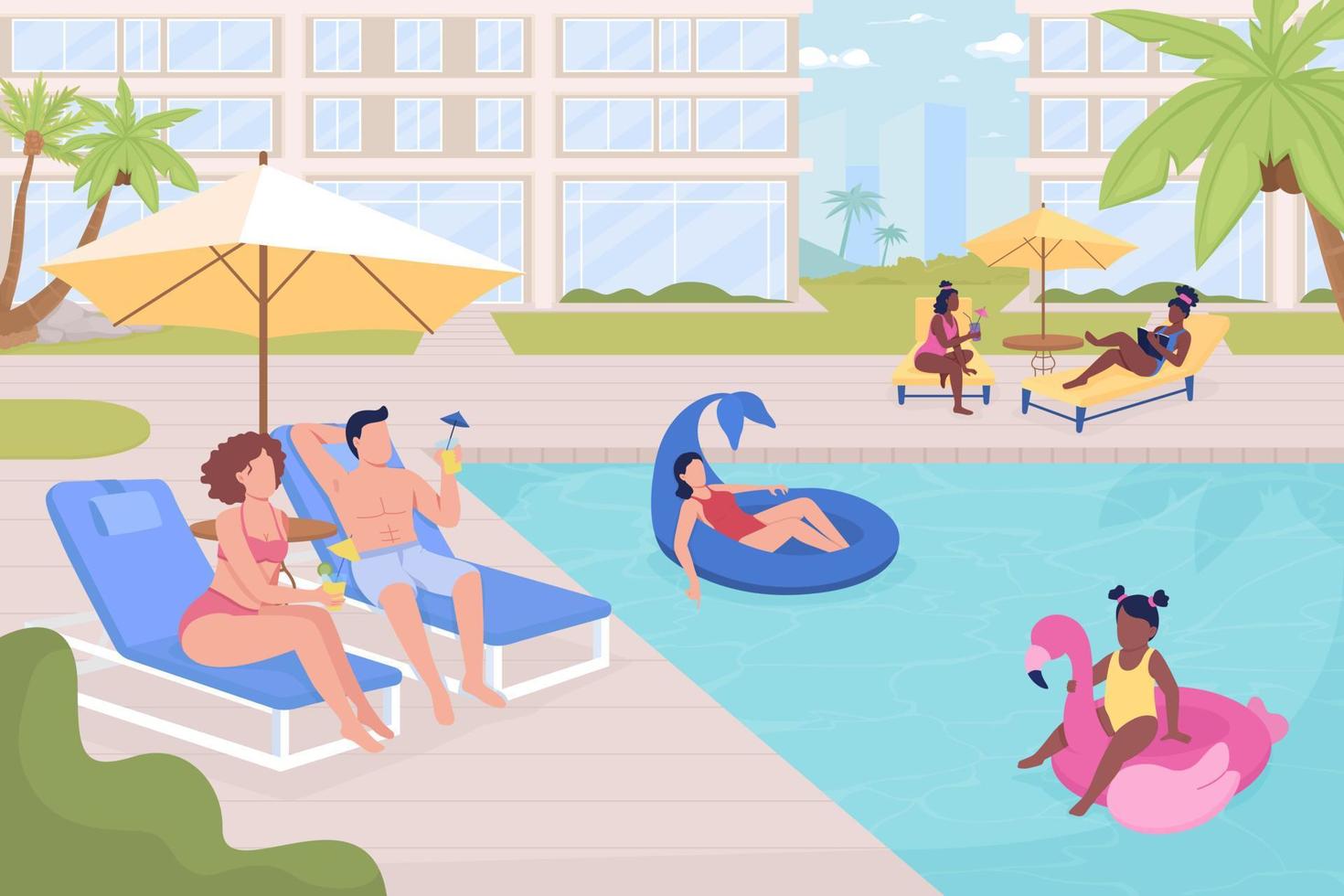 personas descansando en la ilustración de vector de color plano junto a la piscina pública al aire libre