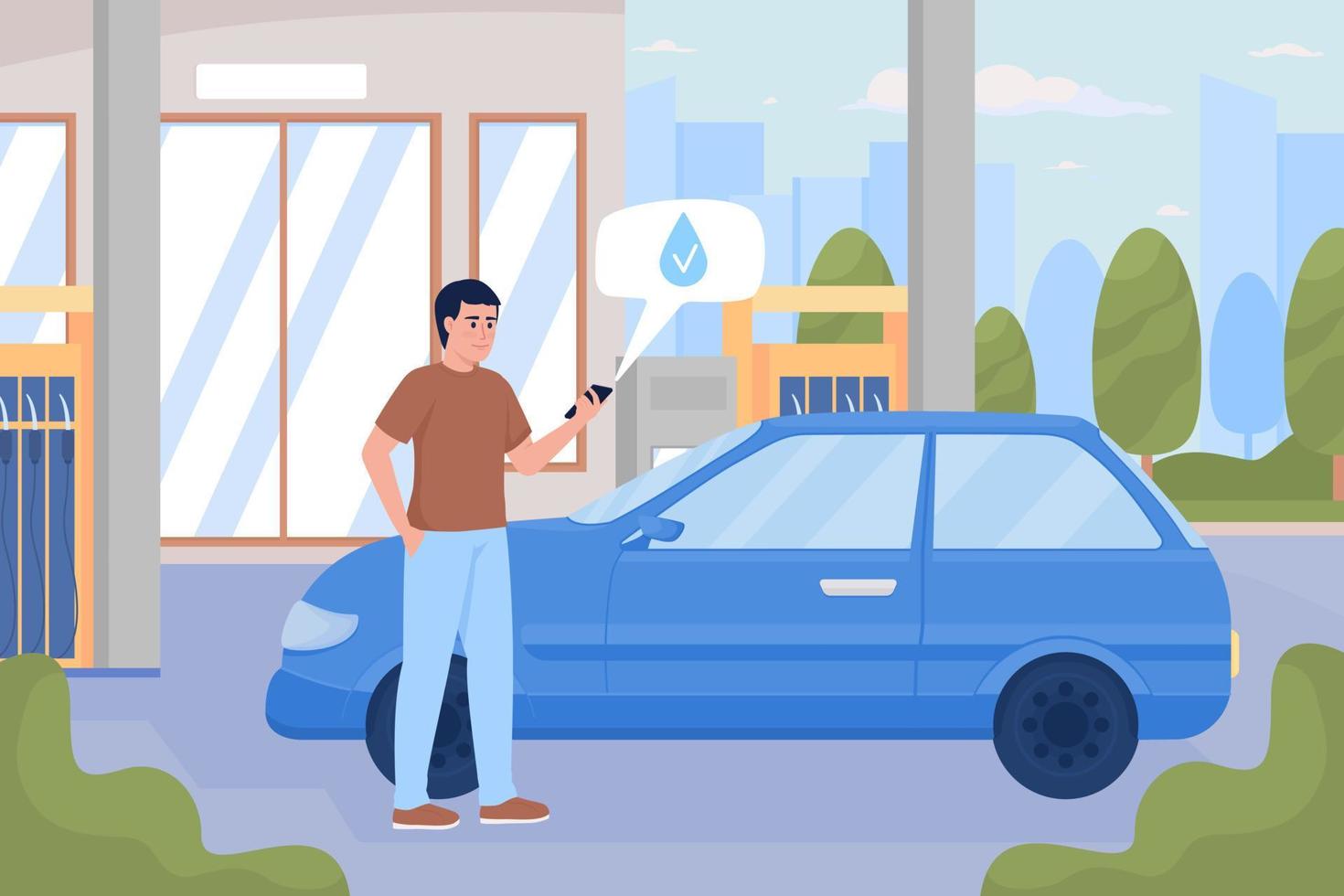hombre repostando con éxito el coche en la gasolinera ilustración de vector de color plano