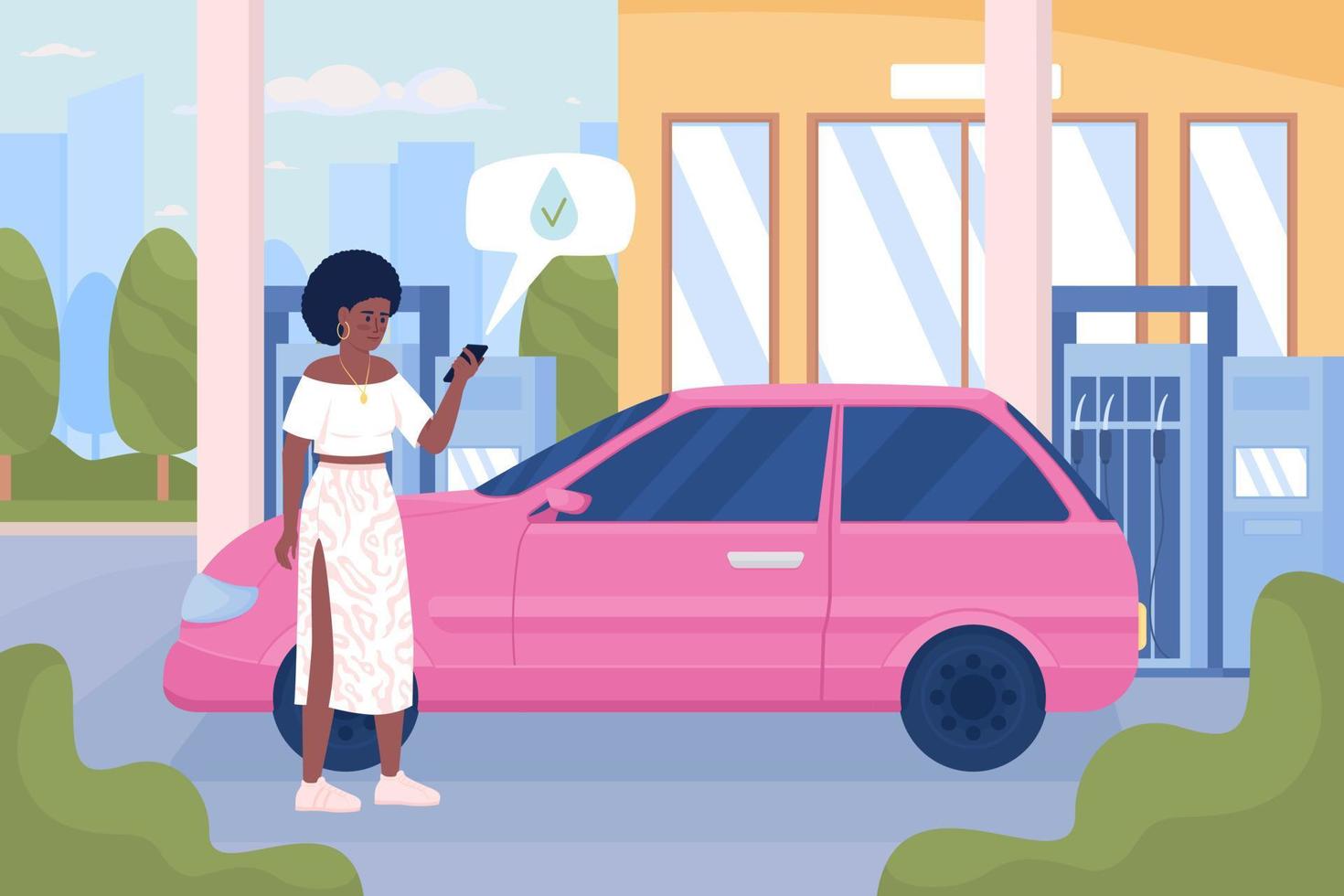 Woman with mobile phone at urban gas station flat color vector illustration