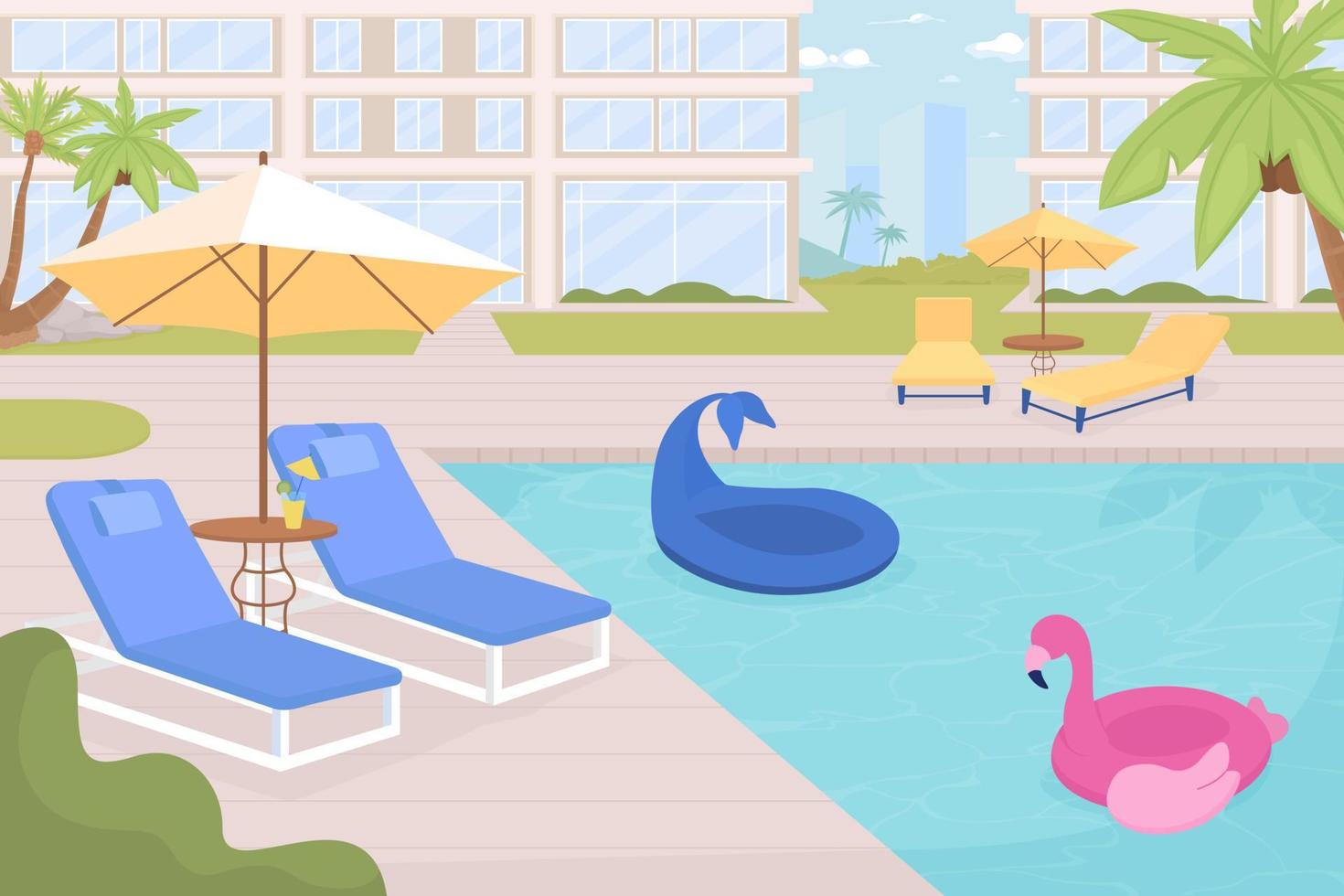 Empty hotel poolside with equipment for rest flat color vector illustration