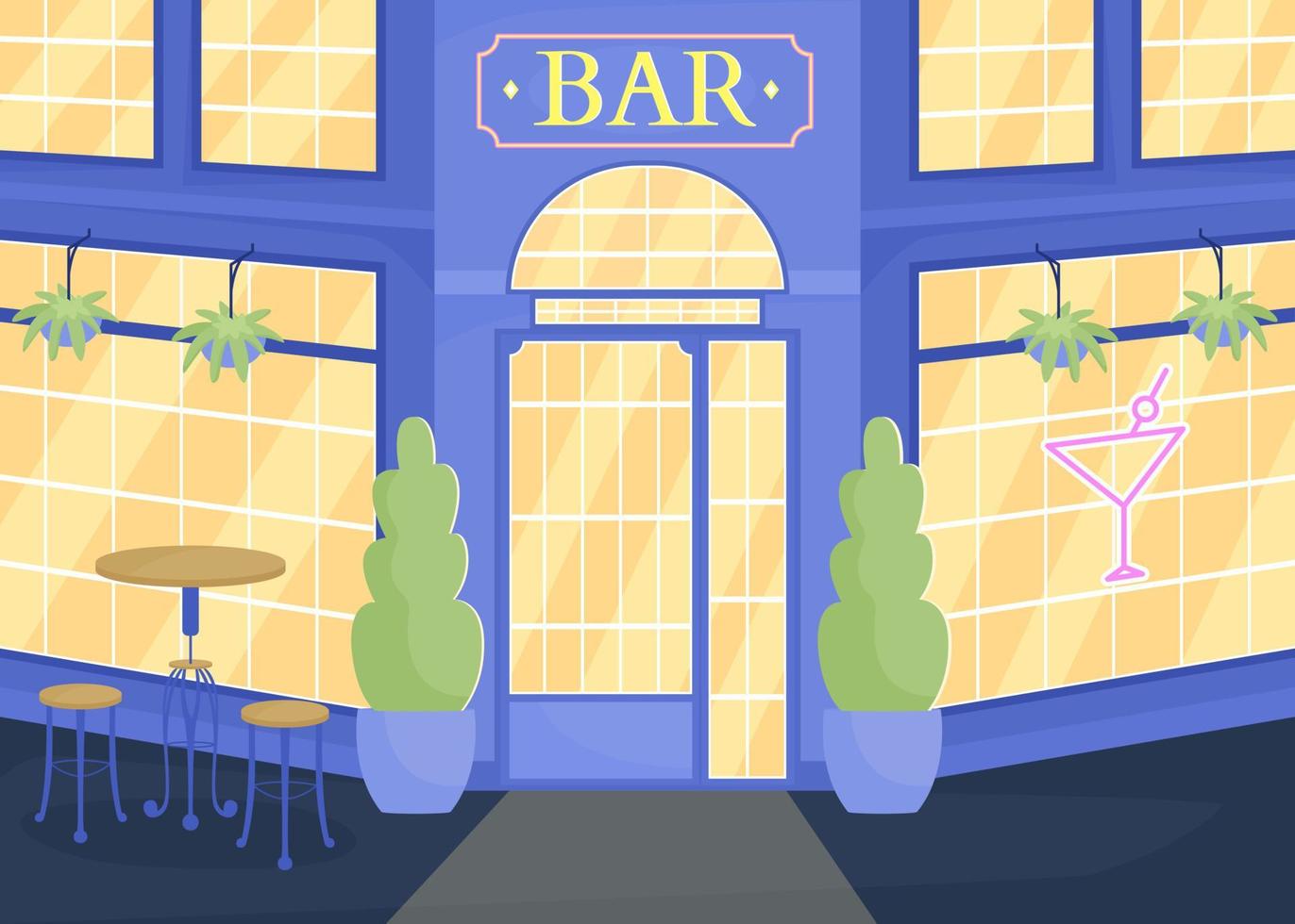 Popular bar on night city street flat color vector illustration