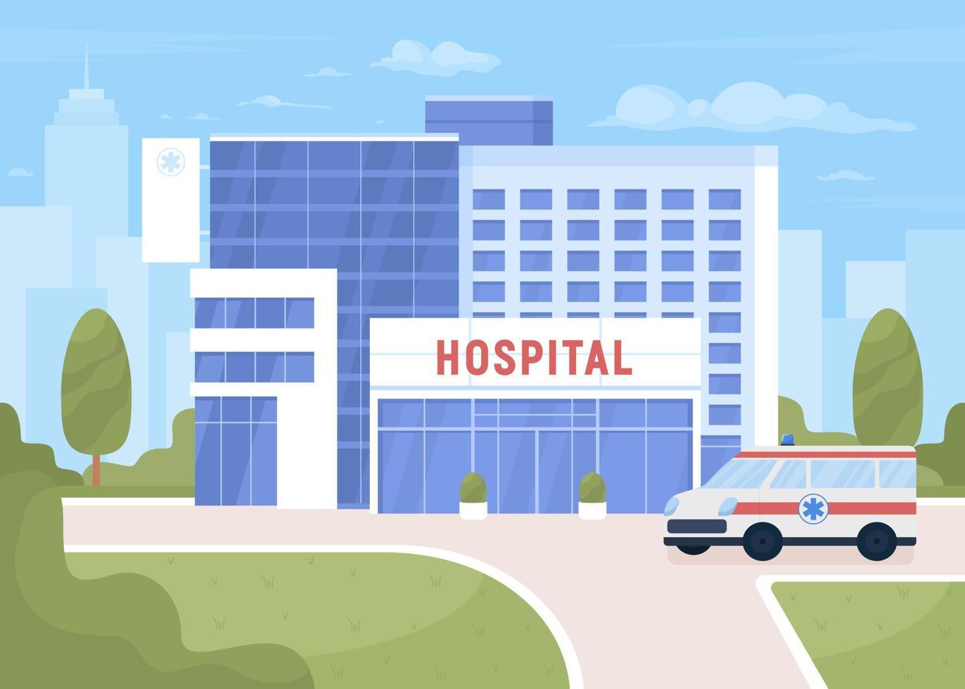 ambulancia cerca del hospital en la calle de la ciudad ilustración vectorial de color plano vector