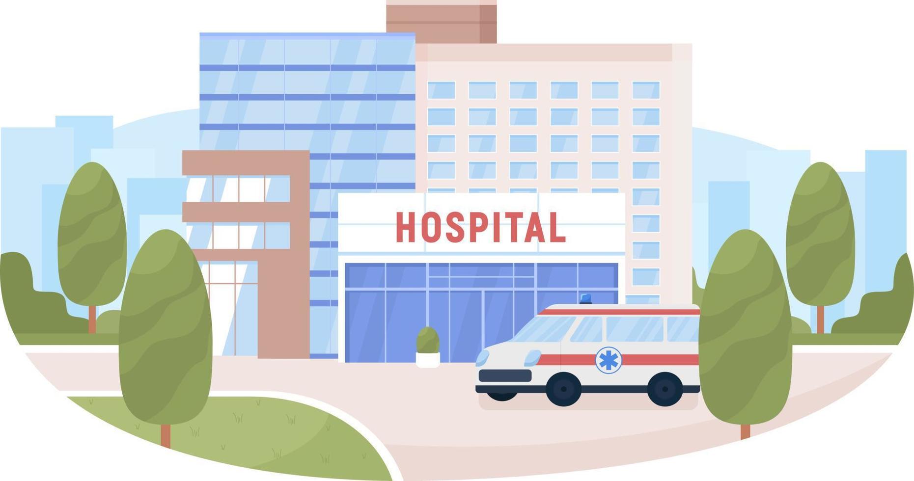 Hospital building and ambulance 2D vector isolated illustration