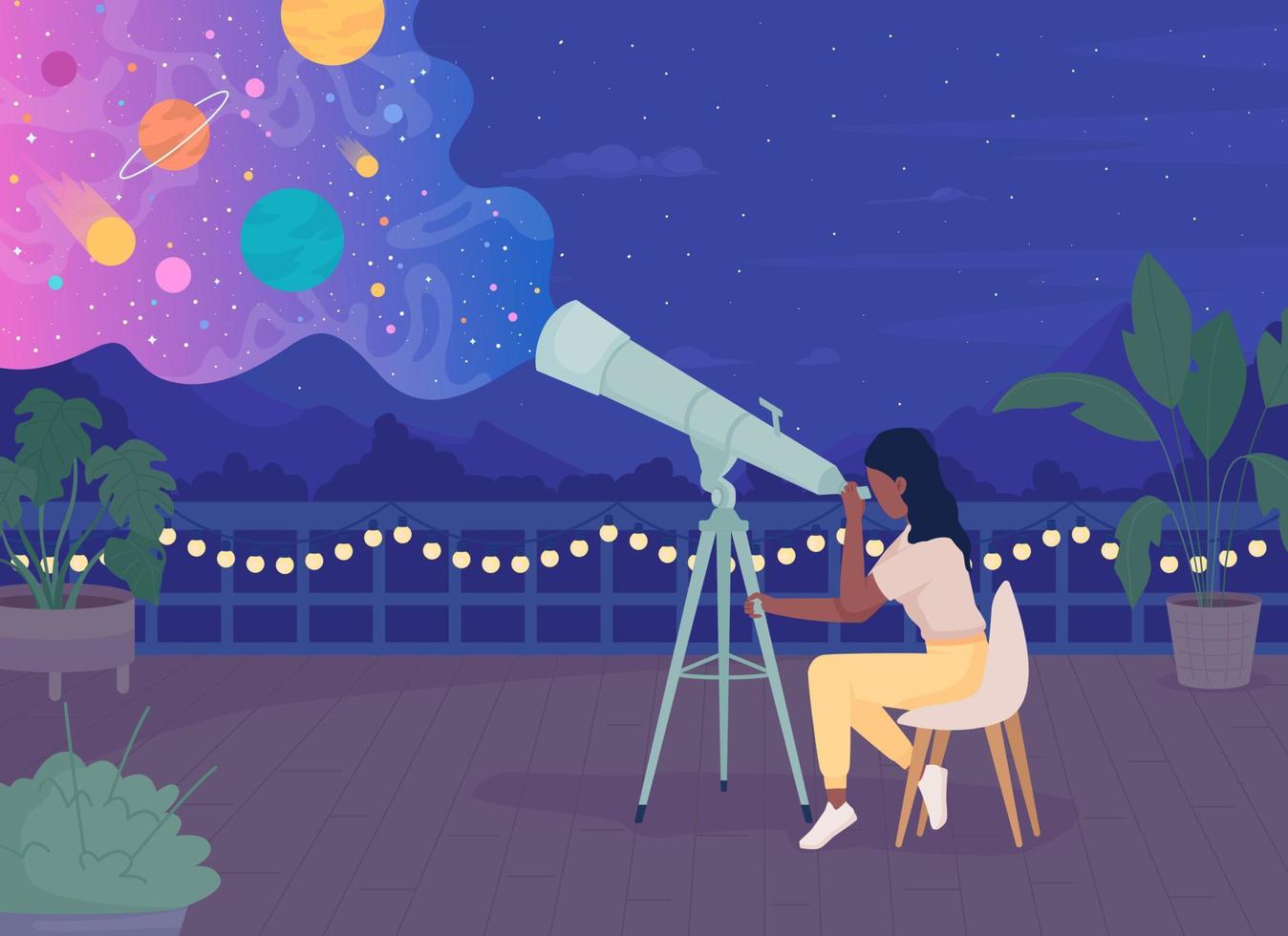 mujer con telescopio disfrutando de la observación de estrellas en la azotea por la noche ilustración de vector de color plano