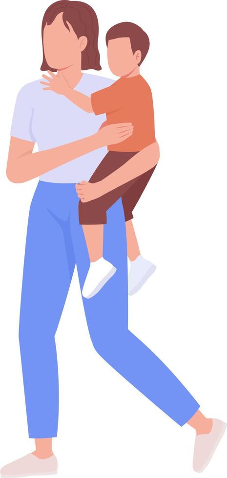 Woman carrying little boy semi flat color vector characters