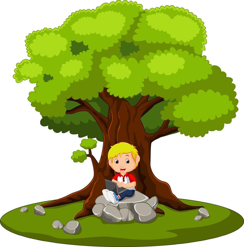 Kid Boy Using the Computer cartoon vector