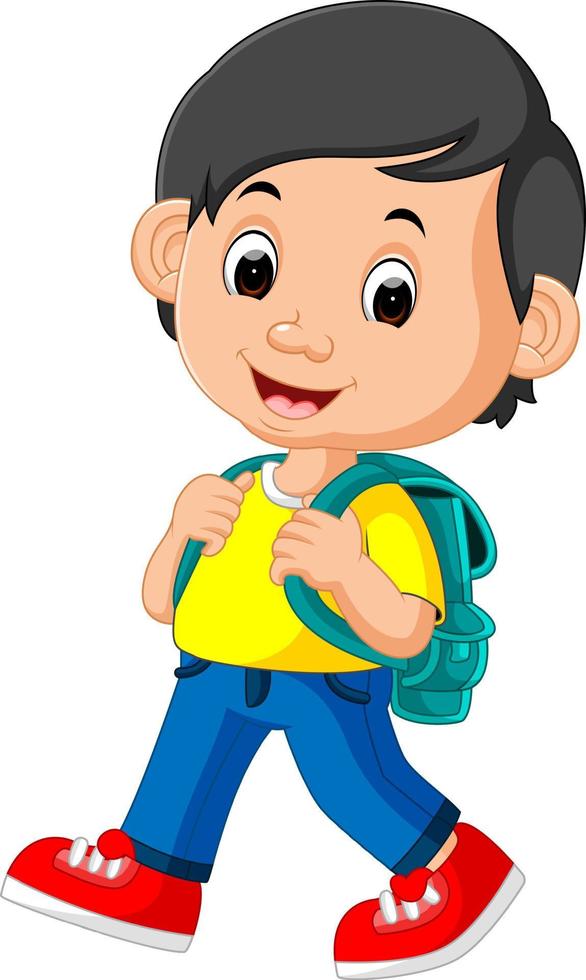 lindo, niño, con, mochila, caricatura vector