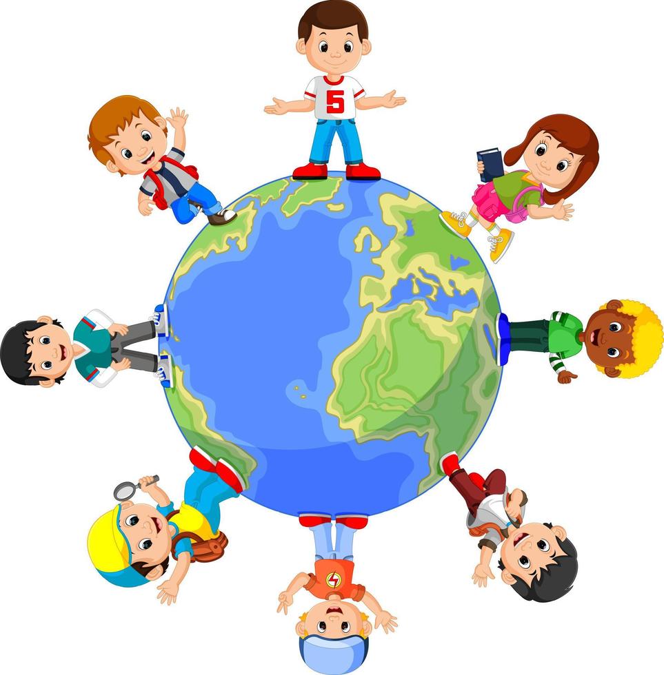 Children standing on globe vector